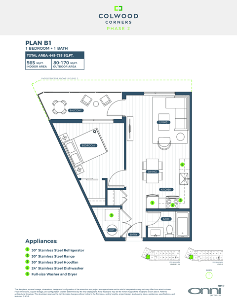 Floor plan for 1 bed, 1 bath, 570 sqft